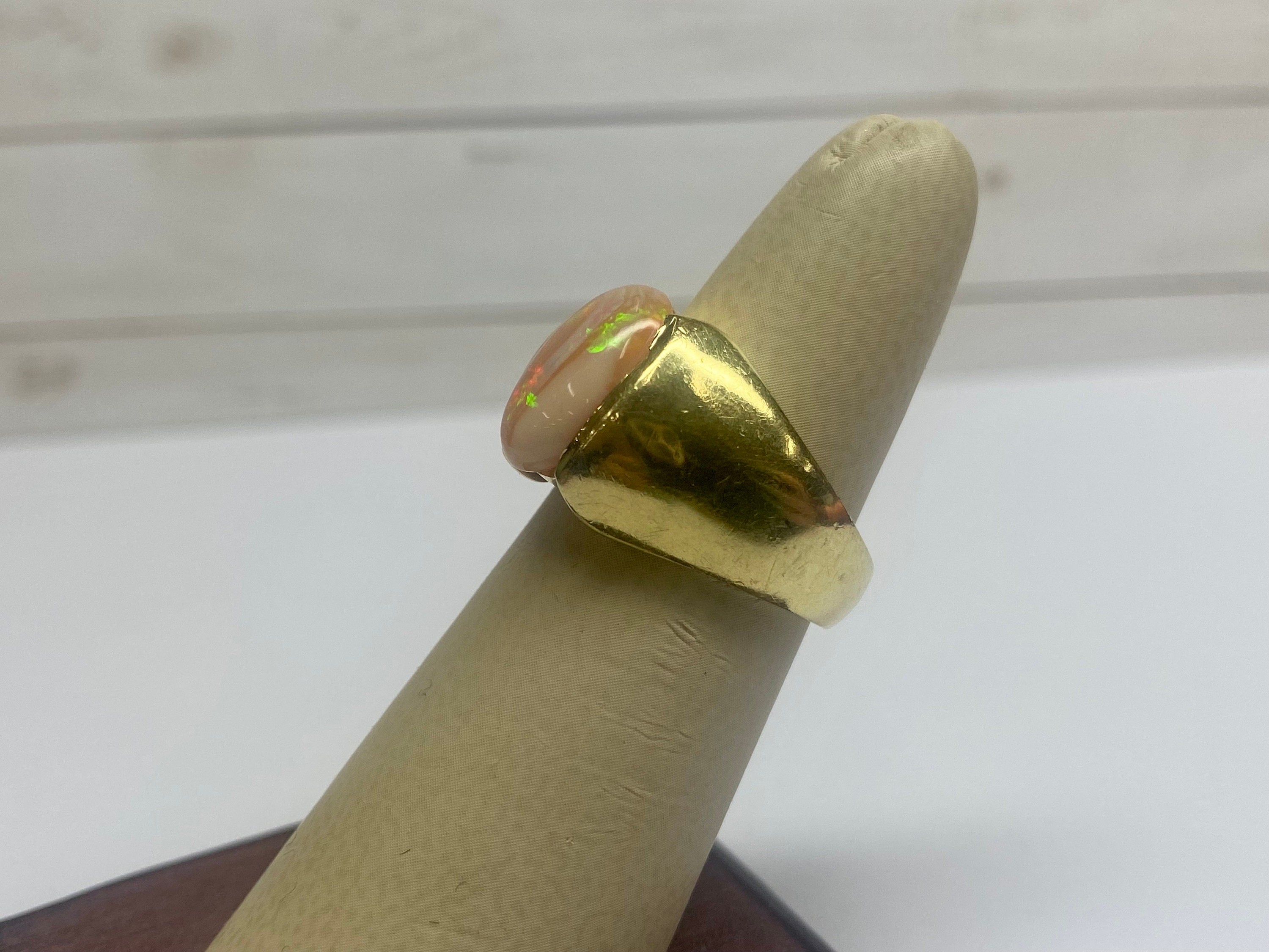 14K Yellow Gold Opal Ring - Oval Cabochon Mens Pinky Ring - Size 6