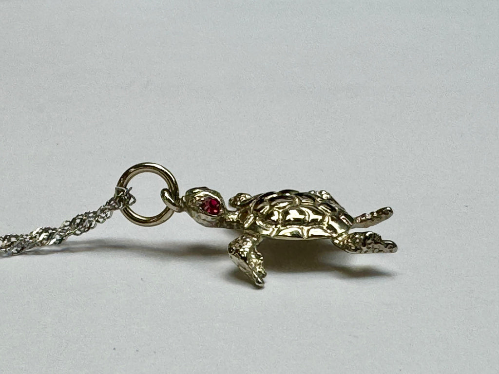 14k White Gold Sea Turtle Pendant with Ruby Eyes