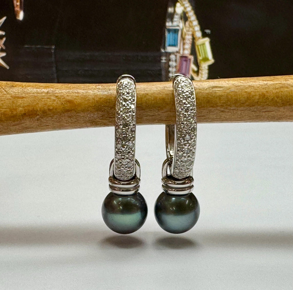 14K White Gold Diamond Hoop Earrings with Black Pearl Dangles