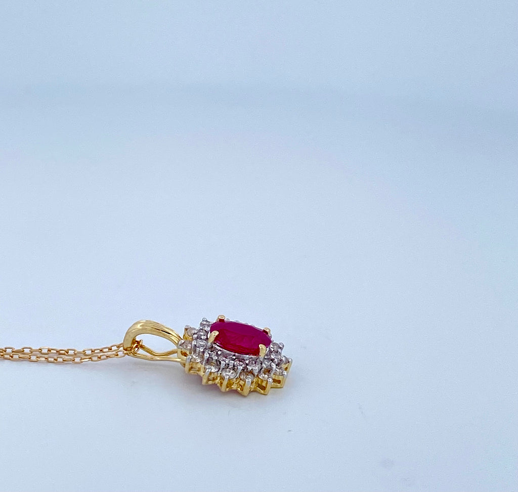 14K Yellow Gold Ruby and Diamond Halo Pendant