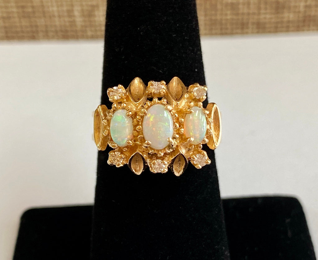 14K Yellow Gold Opal Diamond Ring - Size 6 3/4