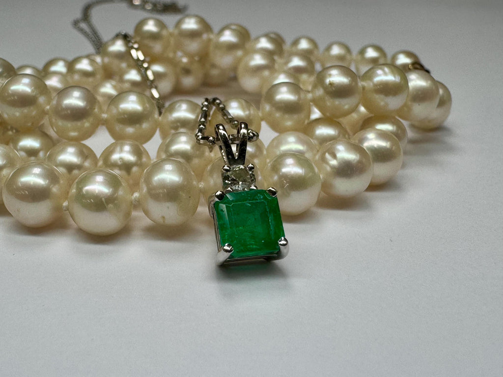 14K White Gold Emerald and Diamond Pendant Necklace