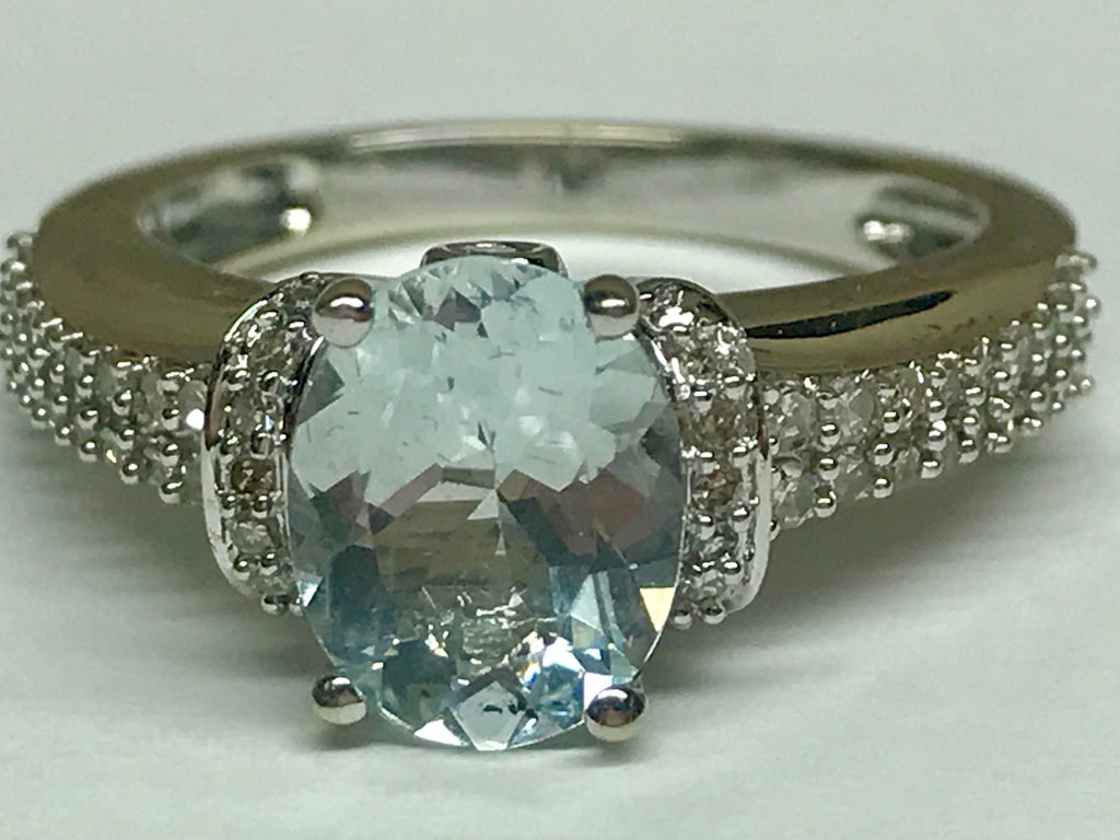14K White Gold Aquamarine Ring with Diamond Accents, Size 7