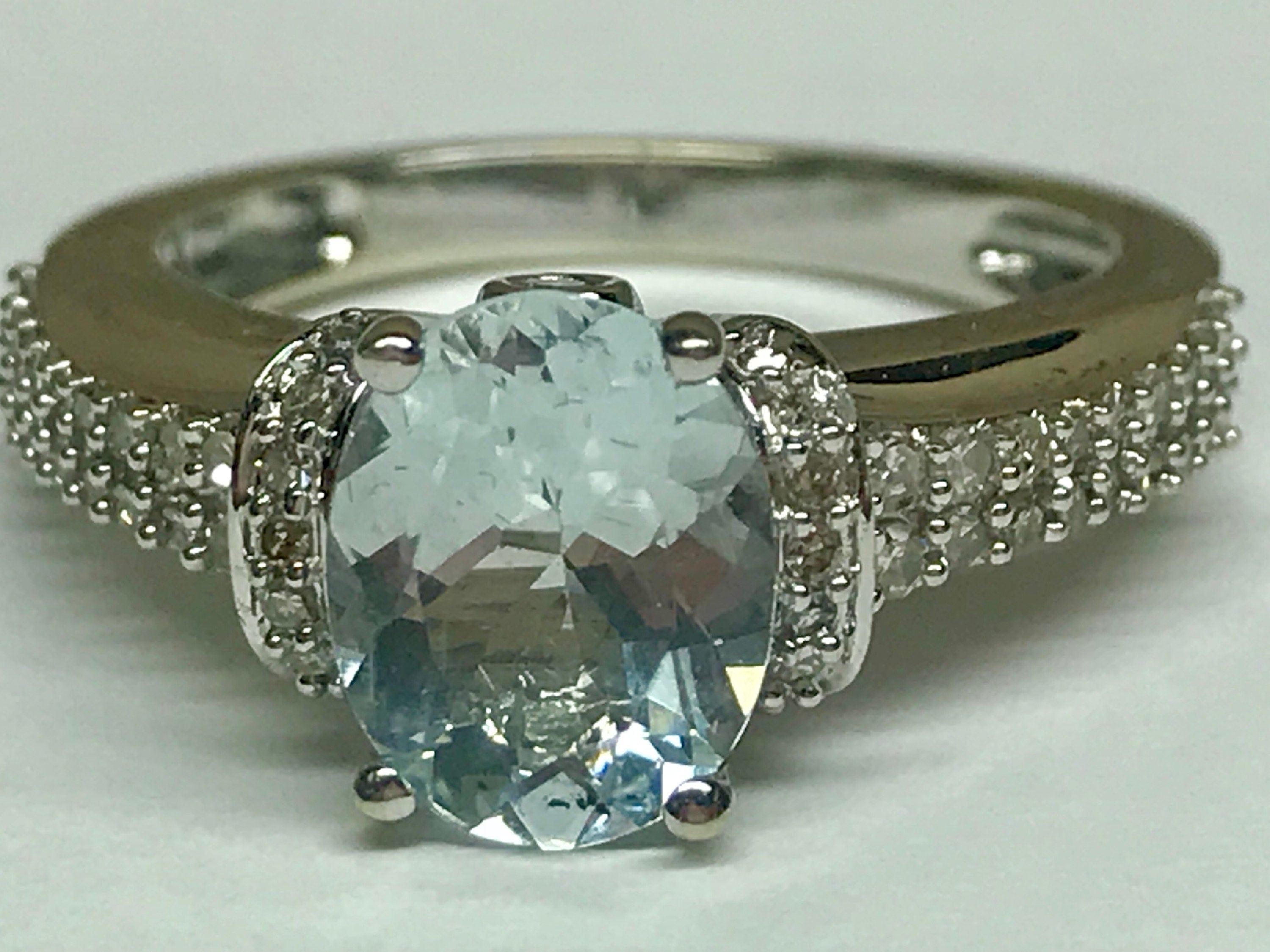14K White Gold Aquamarine Ring with Diamond Accents, Size 7