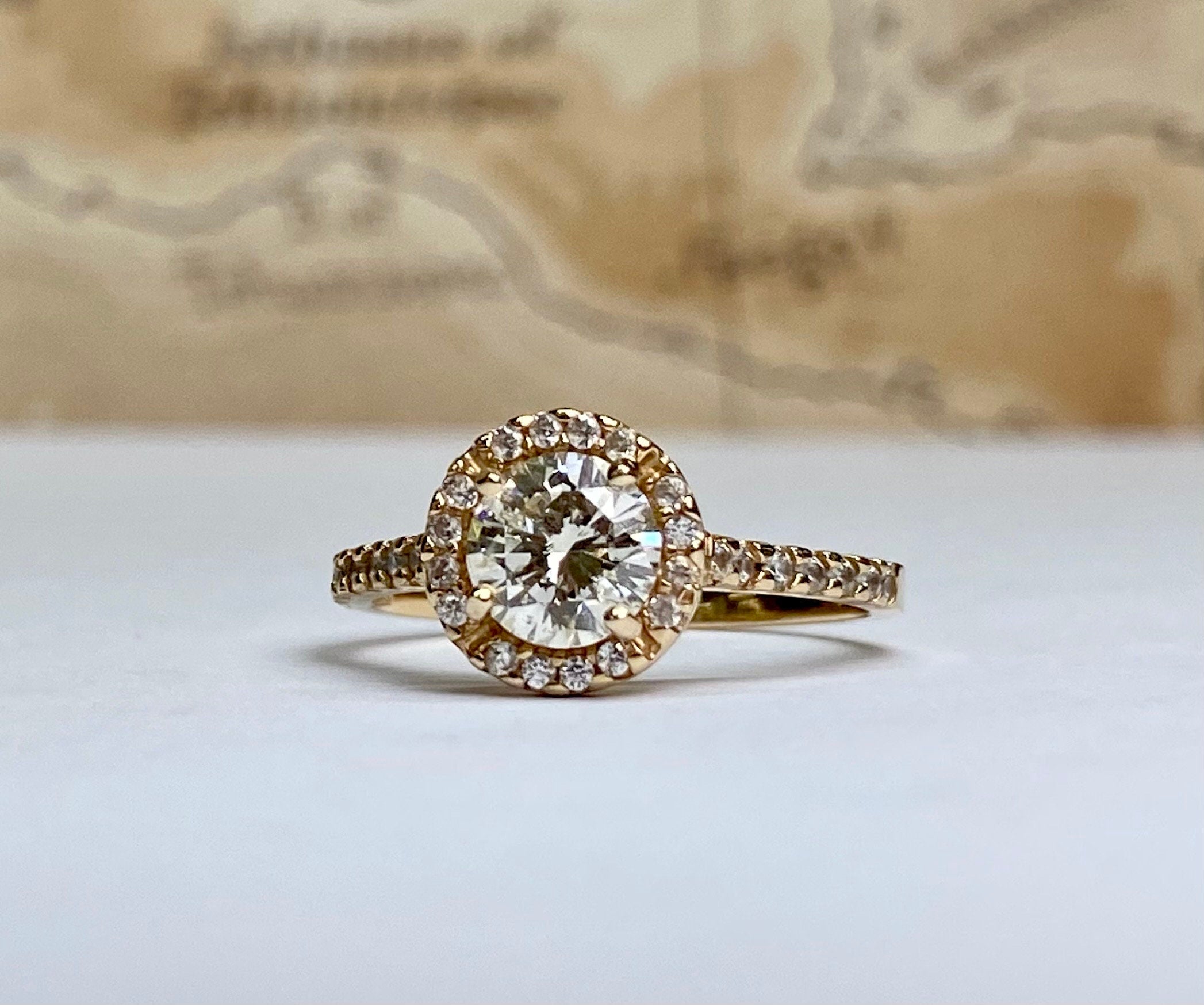 14K Yellow Gold Diamond Halo Engagement Ring - 1 CT, Size 7