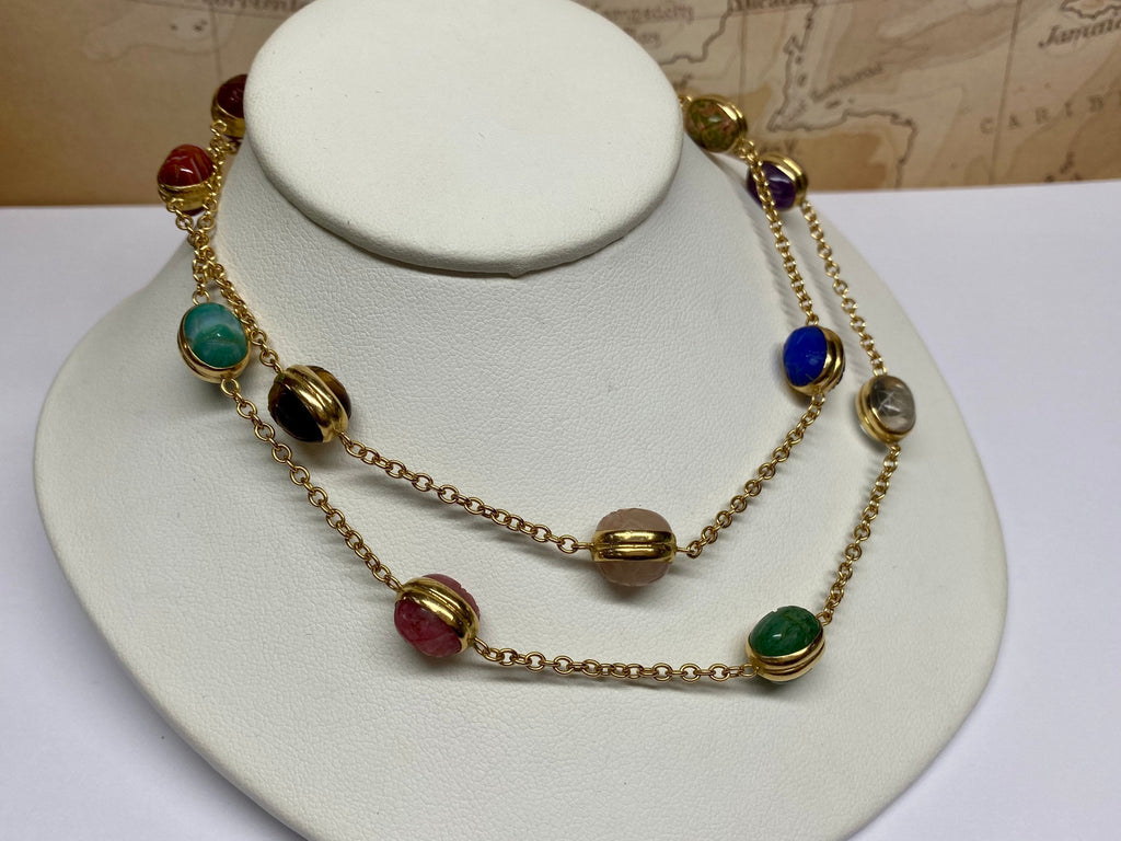 14K Yellow Gold Chain And Multi Color Stone Station  24" Necklace