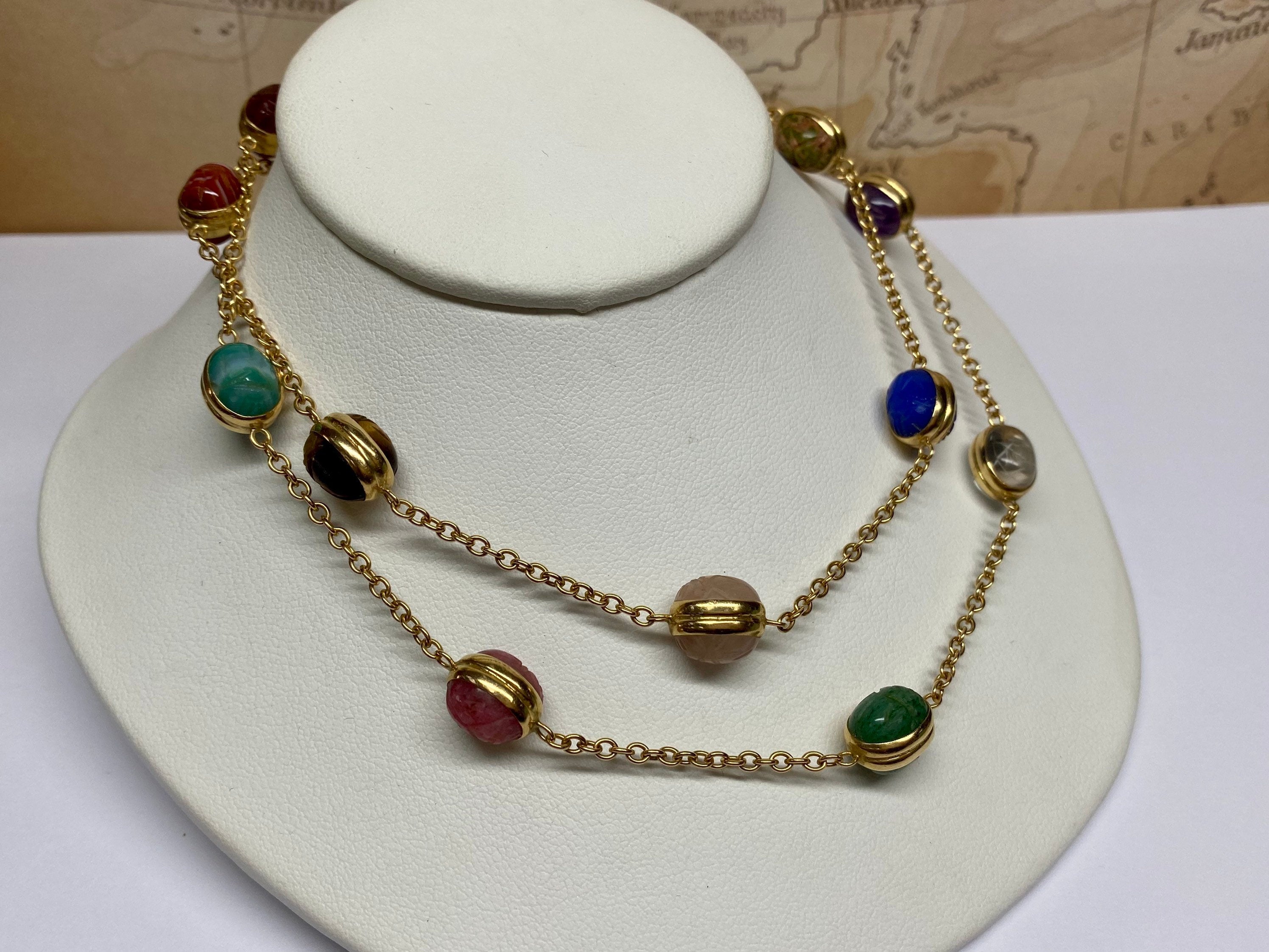 14K Yellow Gold Chain And Multi Color Stone Station  24" Necklace