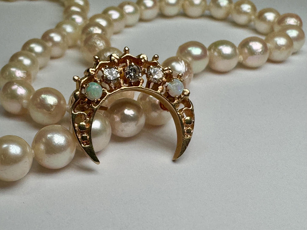 14K Gold Diamond Opal Crescent Moon Brooch – Victorian Celestial Pin