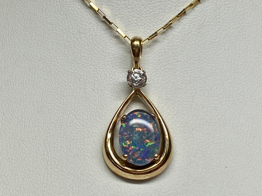 14K Yellow Gold Black Fire Opal & Diamond Teardrop Pendant
