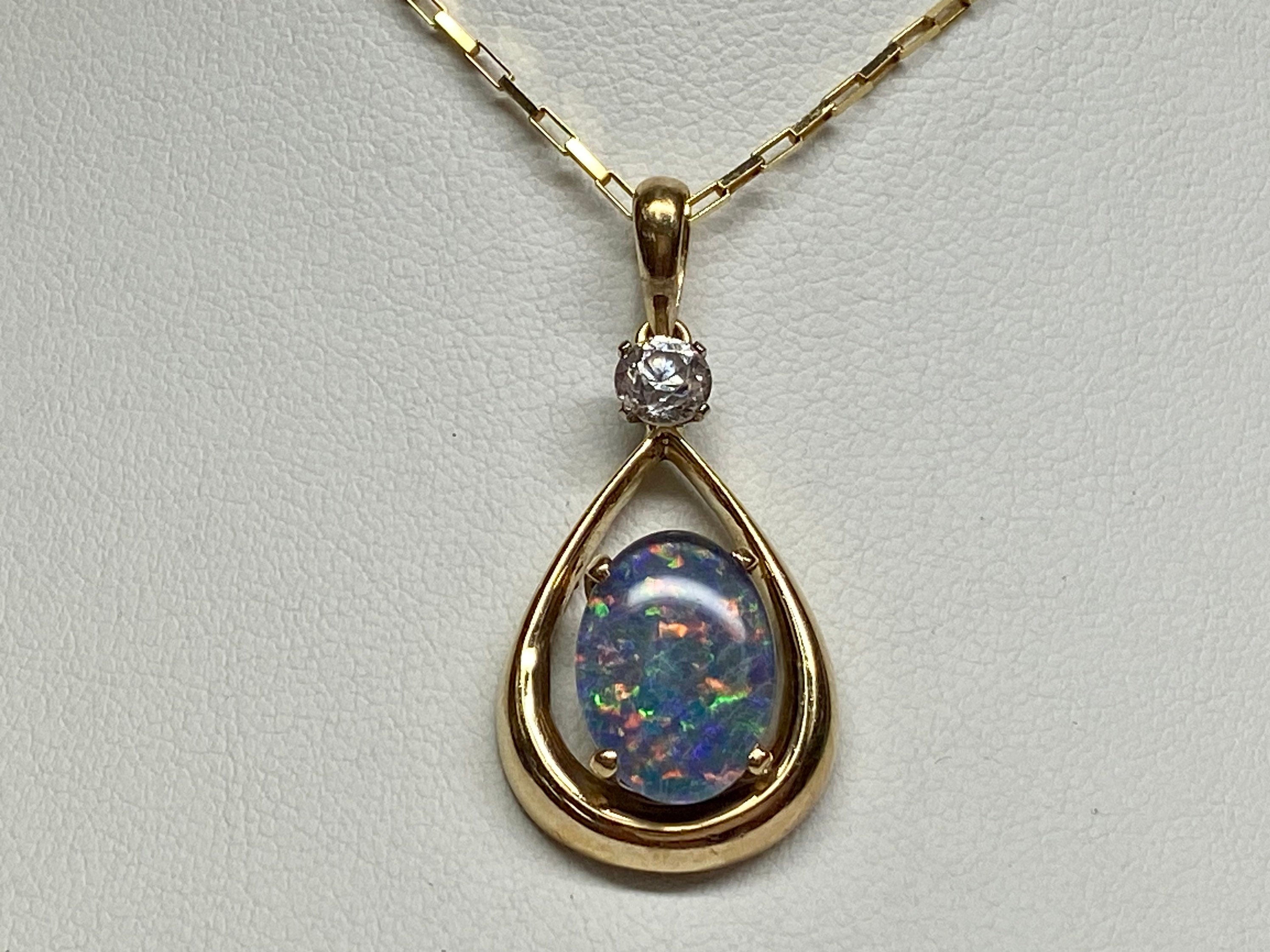 14K Yellow Gold Black Fire Opal & Diamond Teardrop Pendant