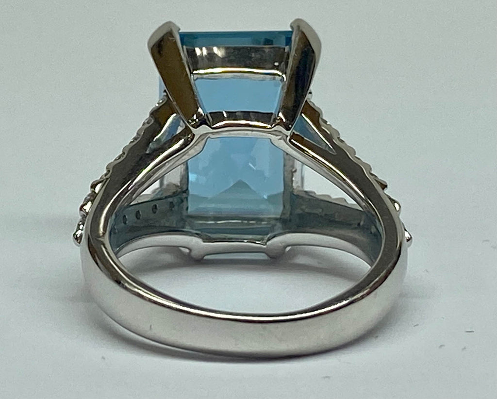 18K White Gold Aquamarine Ring: Emerald Cut Diamond Statement Ring, Size 5 1/2