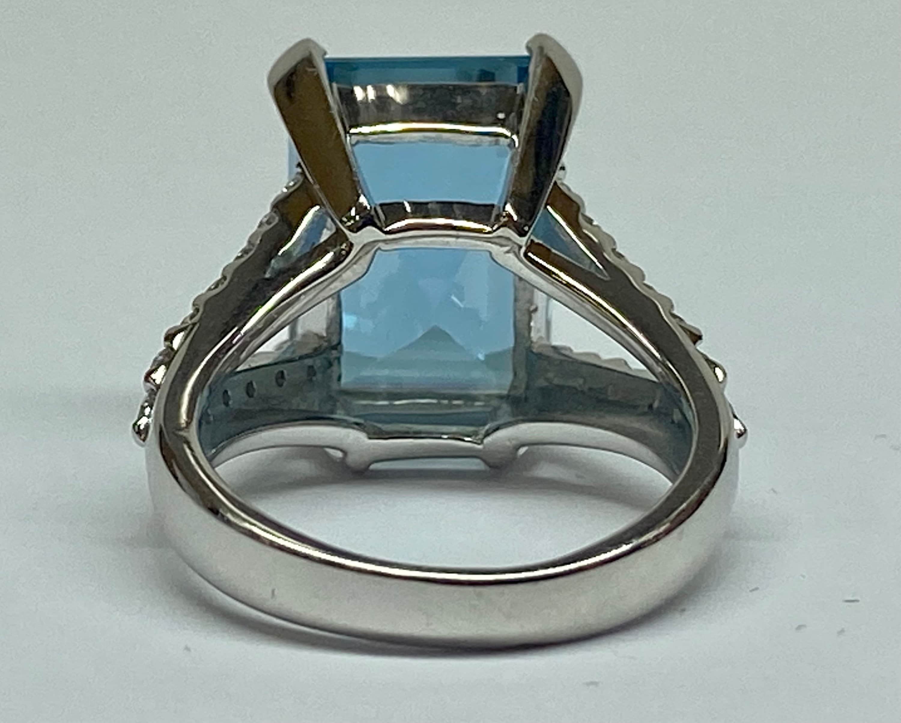18K White Gold Aquamarine Ring: Emerald Cut Diamond Statement Ring, Size 5 1/2