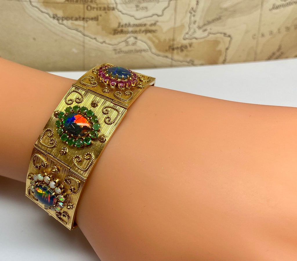 18K Gold Opal Ruby Emerald Sapphire Panel Bracelet - 1970s Estate Jewelry