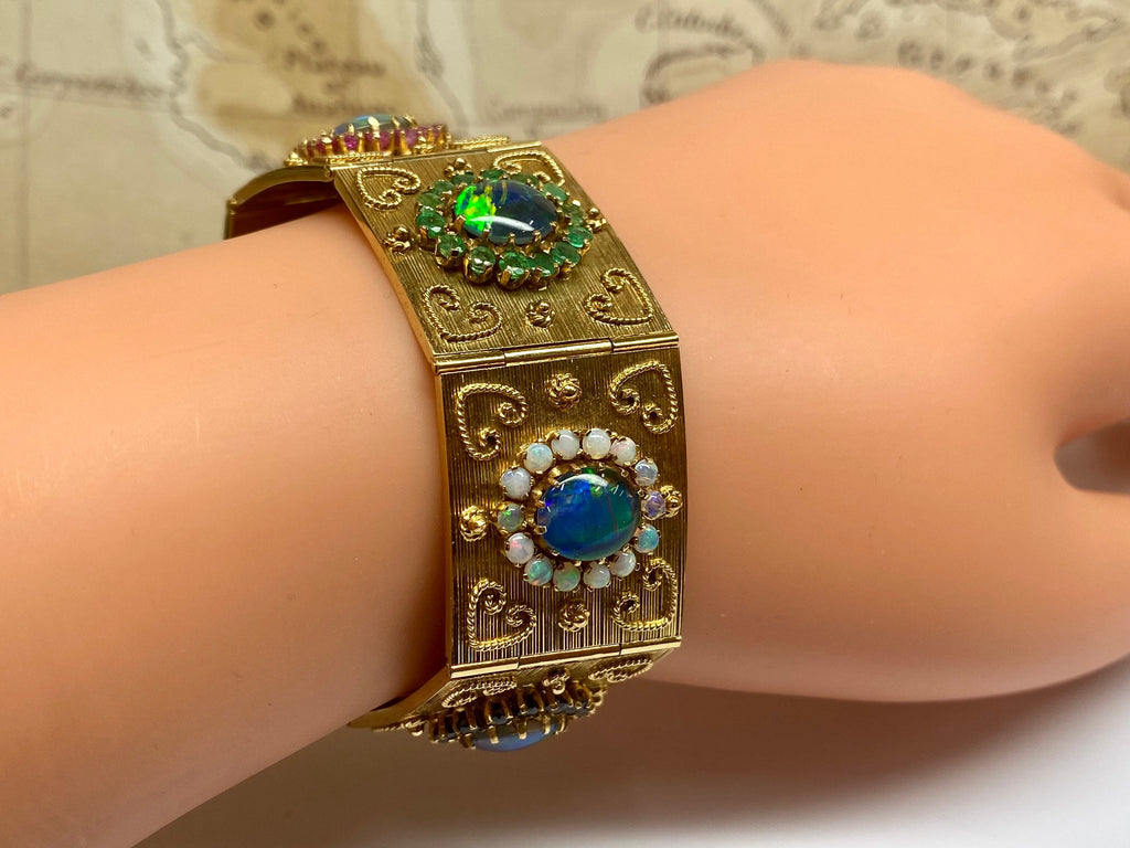 18K Gold Opal Ruby Emerald Sapphire Panel Bracelet - 1970s Estate Jewelry