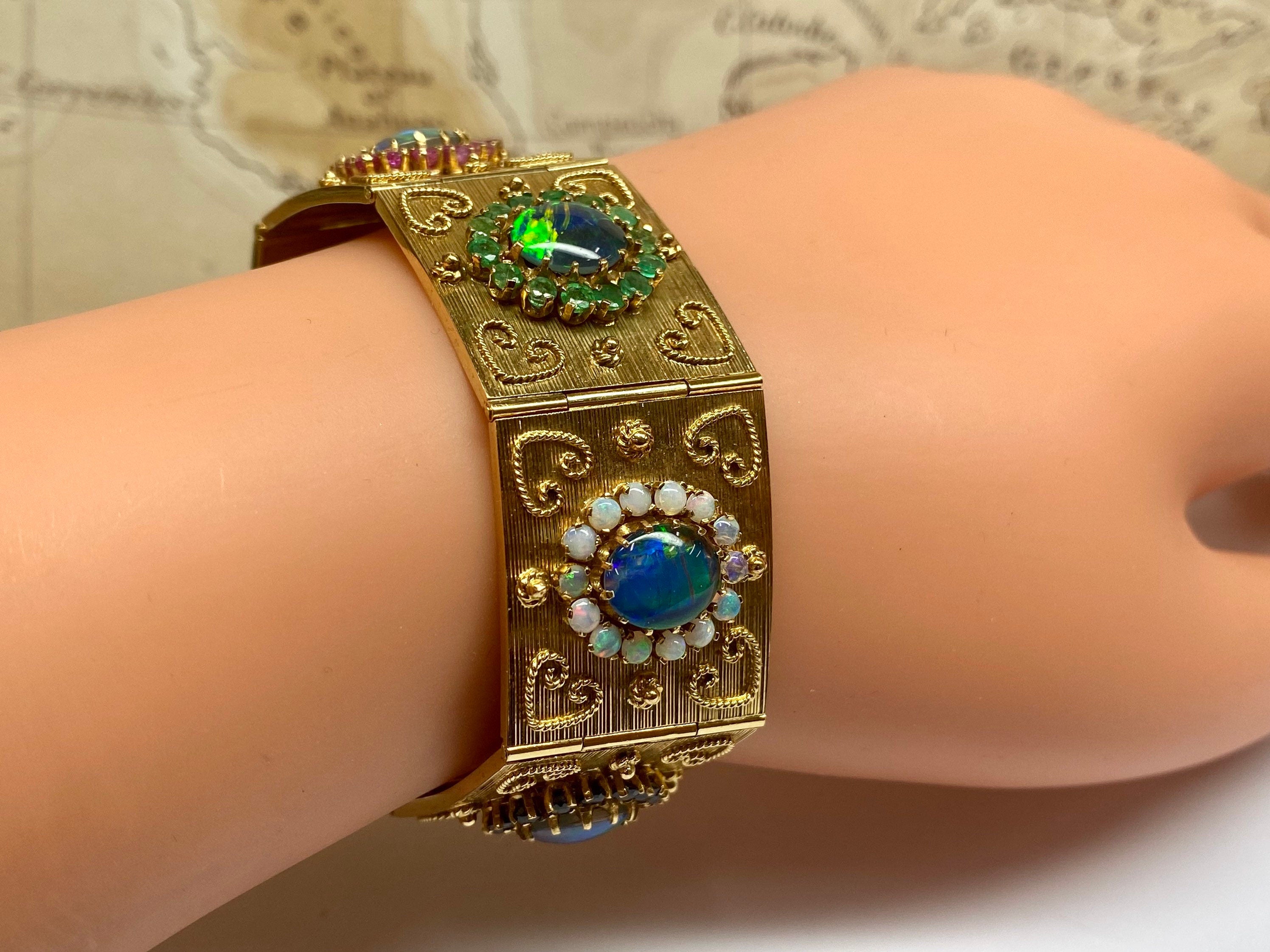 18K Gold Opal Ruby Emerald Sapphire Panel Bracelet - 1970s Estate Jewelry