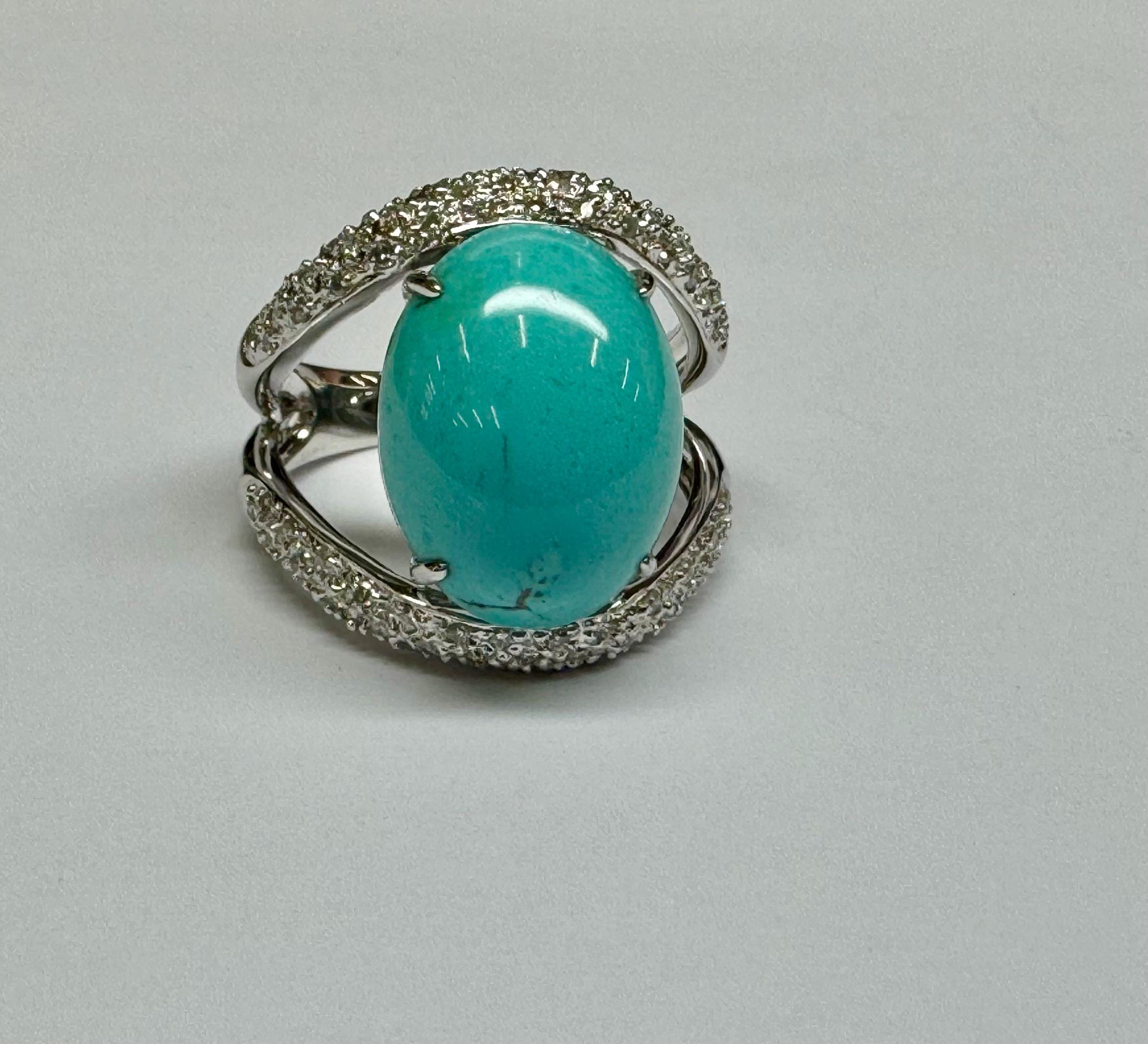 18K White Gold Diamond Ring: Oval Blue Turquoise Cabochon, Size 8 3/4