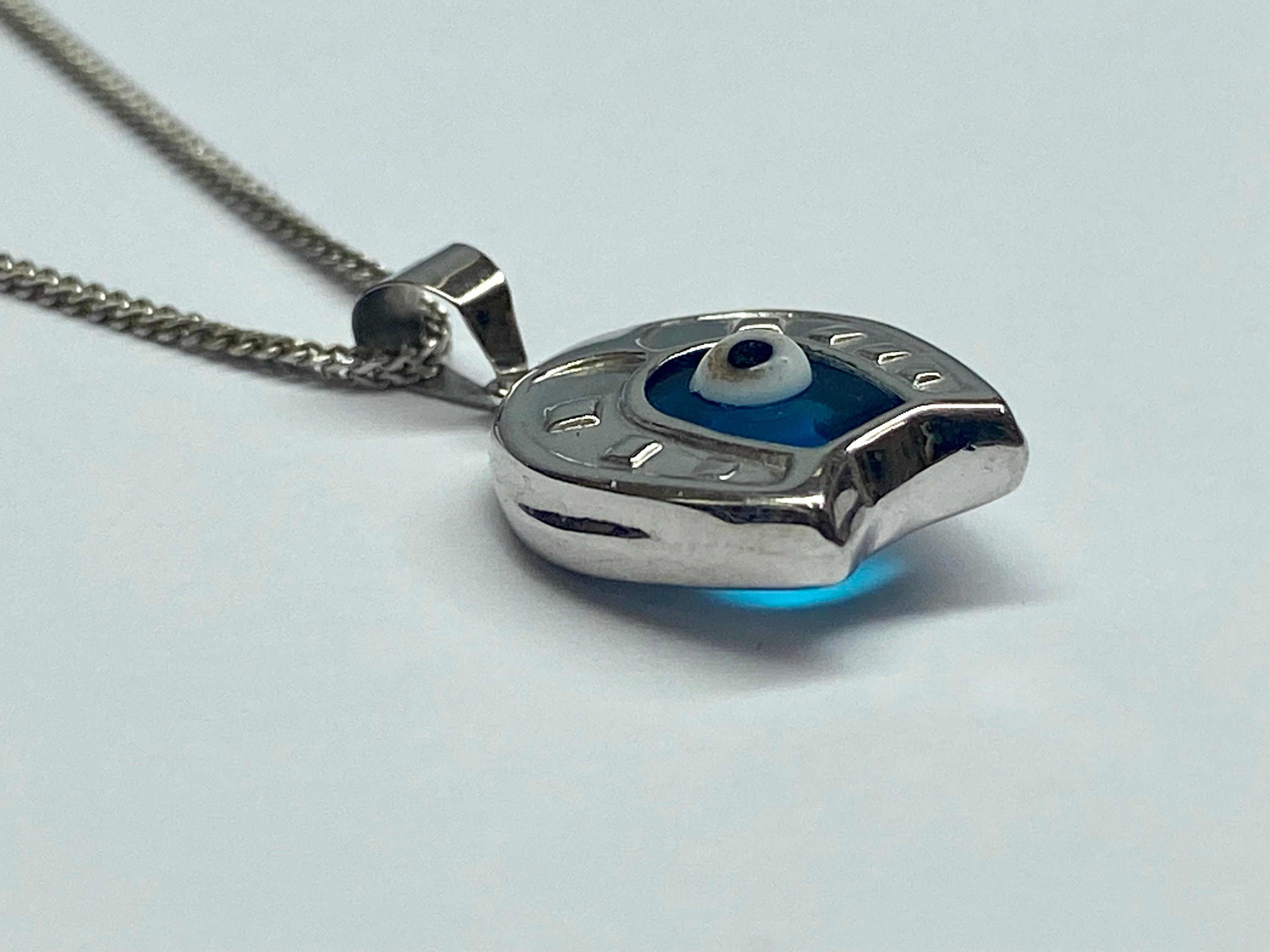 14K White Gold Horseshoe Evil Eye Pendant Charm (20mm X 12mm)