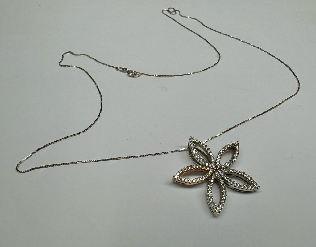 14K White Gold Diamond Flower Pendant Necklace, 18" Chain