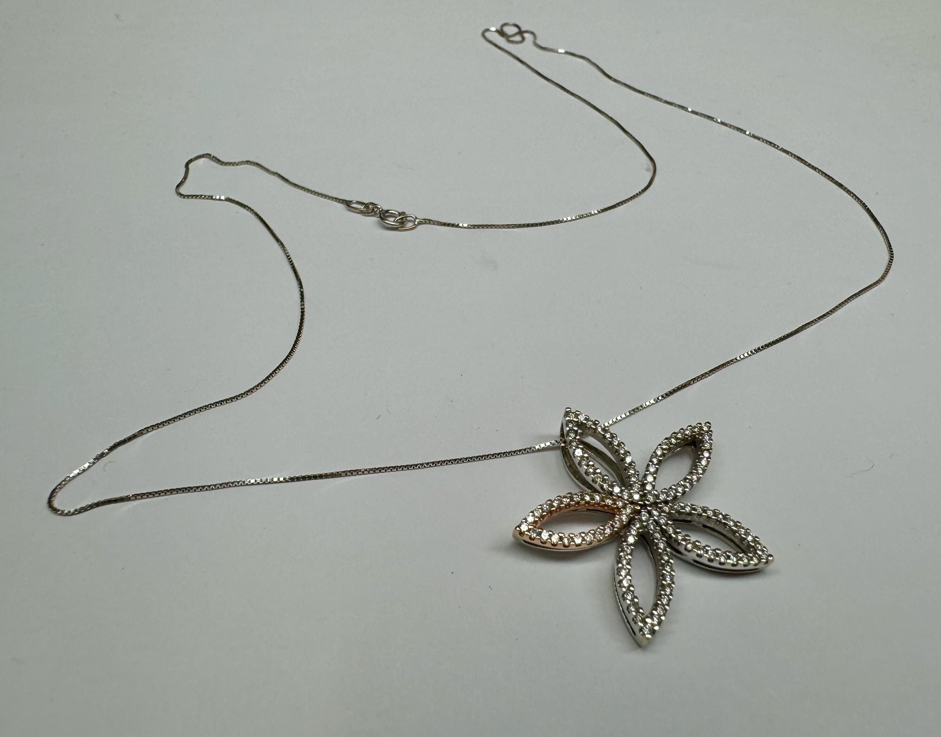 14K White Gold Diamond Flower Pendant Necklace, 18" Chain