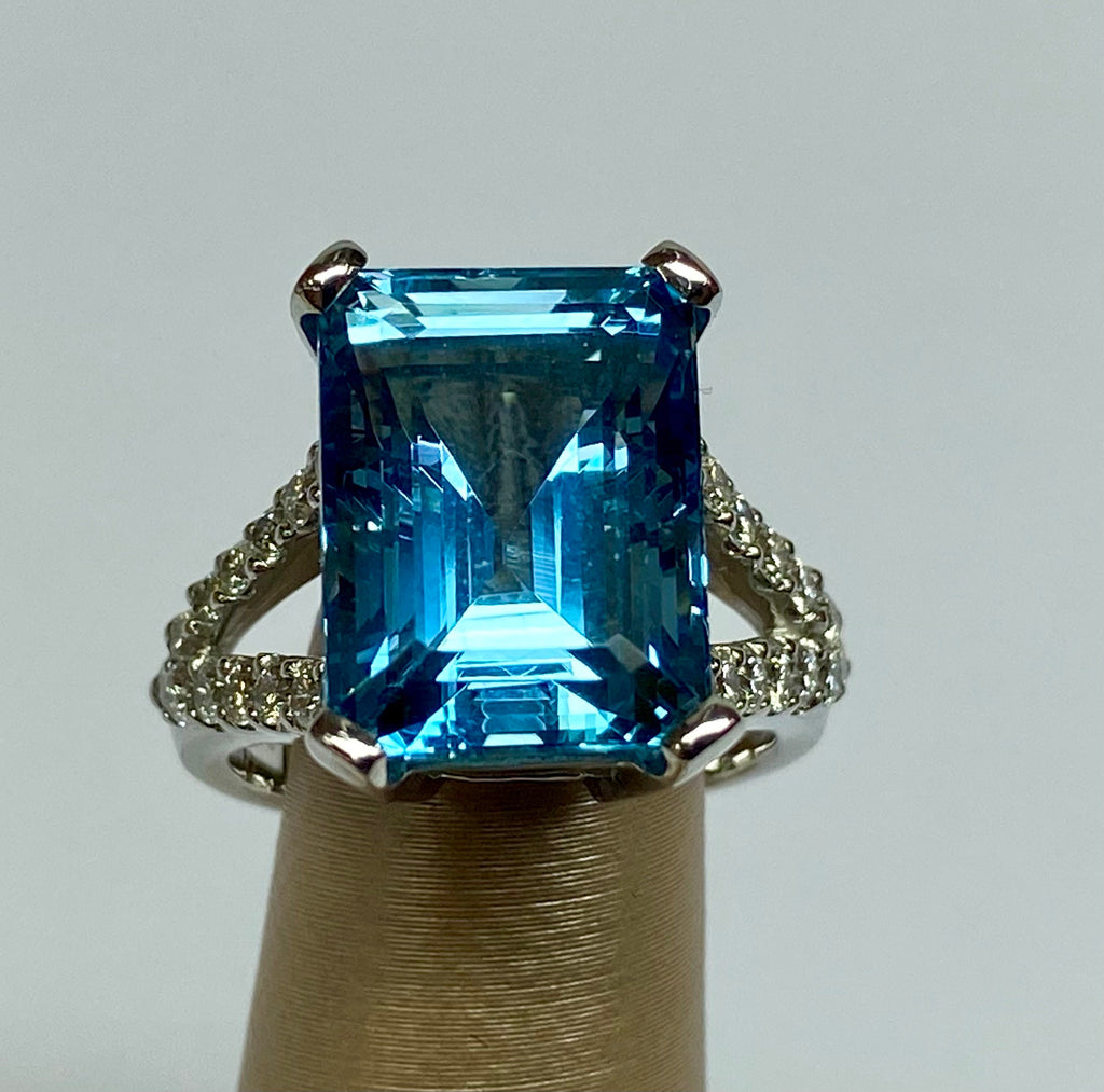 18K White Gold Aquamarine Ring: Emerald Cut Diamond Statement Ring, Size 5 1/2