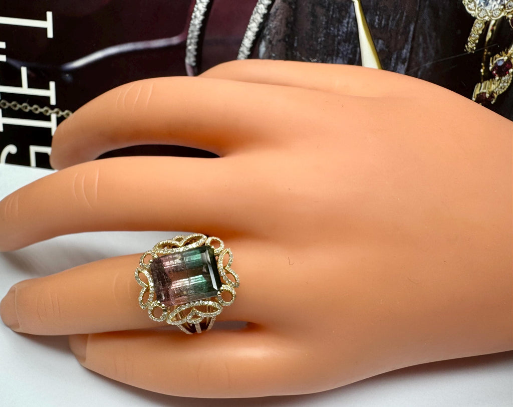 14K Yellow Gold Watermelon Tourmaline Diamond Ring, Size 7 3/4