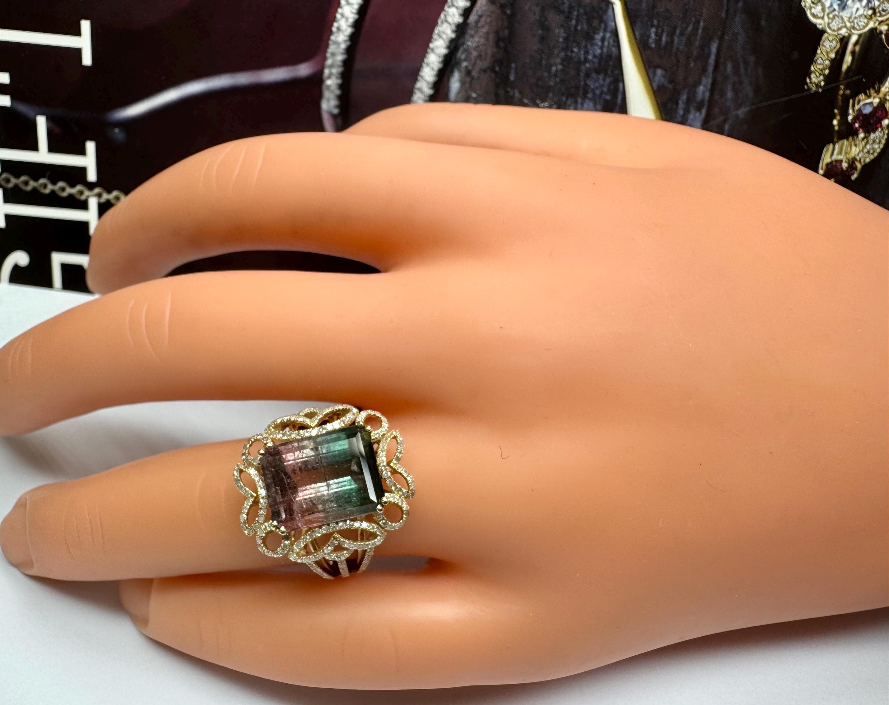 14K Yellow Gold Watermelon Tourmaline Diamond Ring, Size 7 3/4