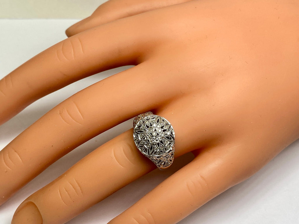 14K White Gold Diamond Filigree Dome Locket Ring - Size 7