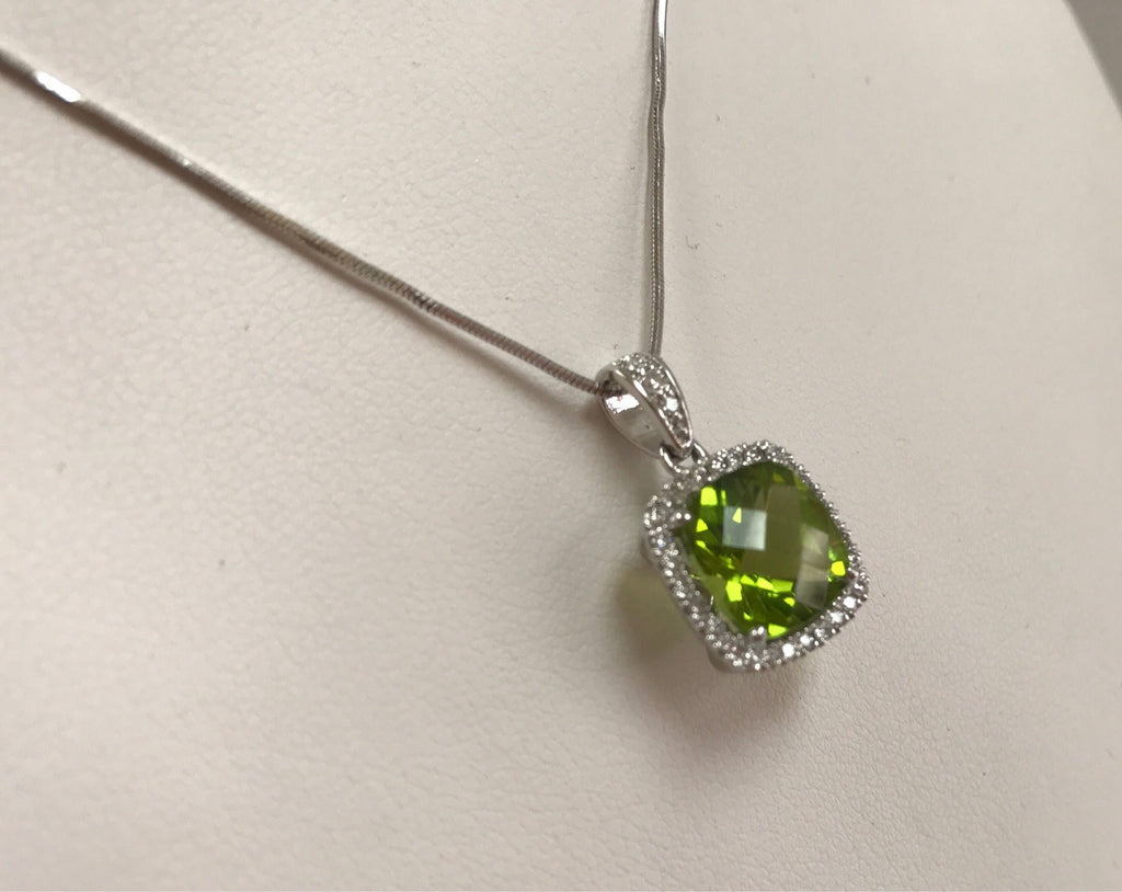 14K White Gold Peridot Ring and Necklace Set: Diamond Accents