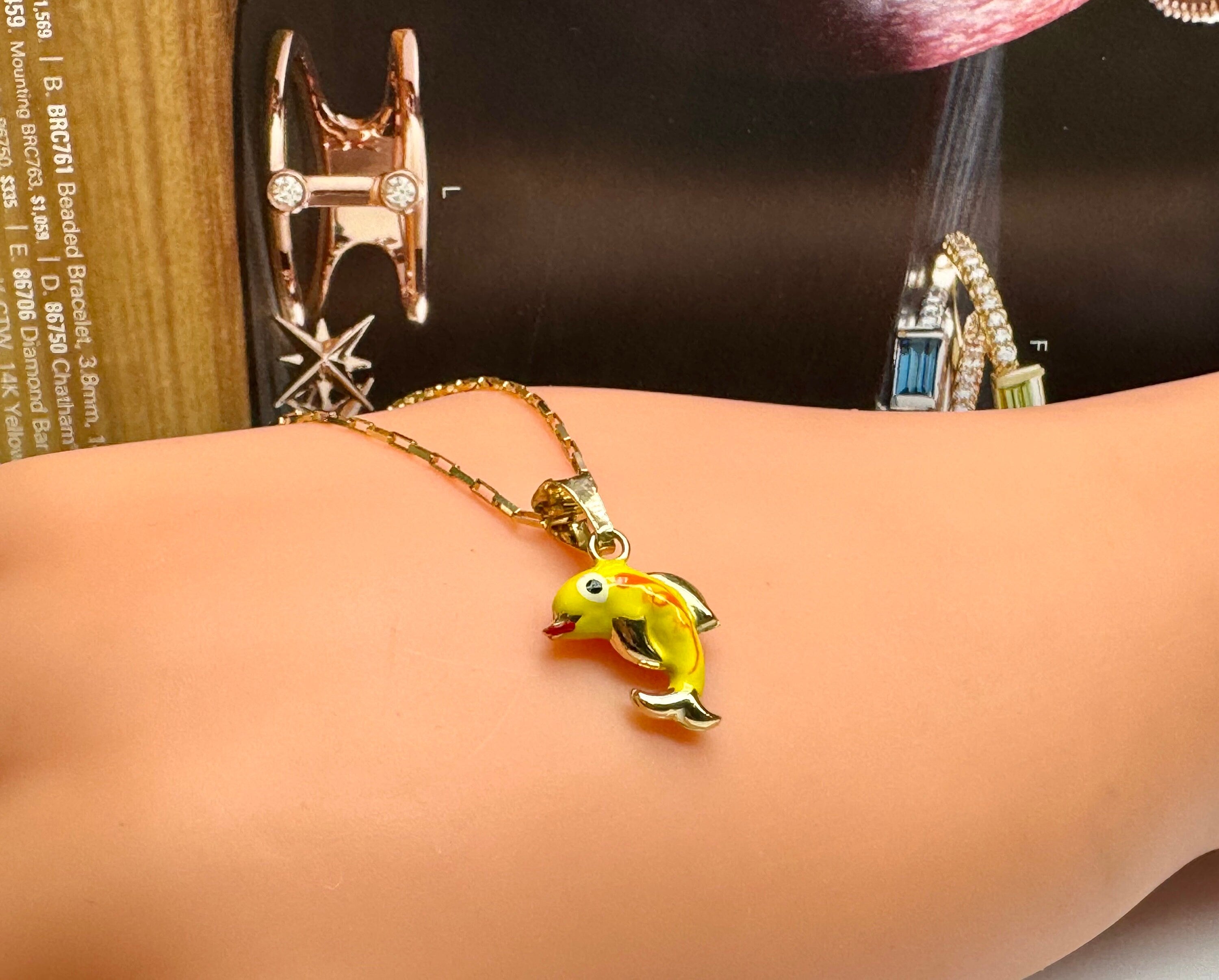 14K Yellow Gold Enamel Dolphin Charm Pendant - Italy