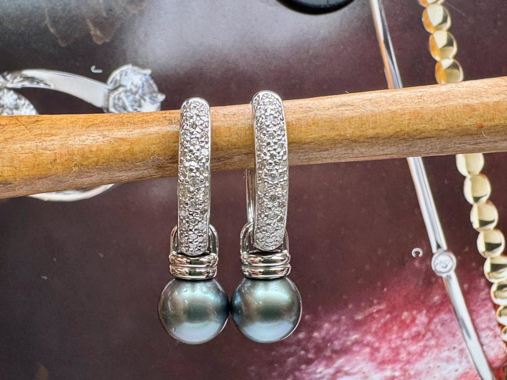 14K White Gold Diamond Hoop Earrings with Black Pearl Dangles