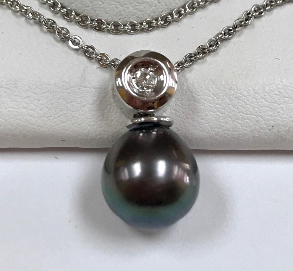 14K Solid White Gold Chain With Black Tahitian Pearl And Diamond Necklace!!!