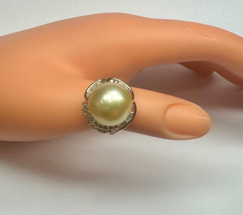 14K Yellow Gold Pearl Diamond Ring: Women's Cocktail Statement Ring