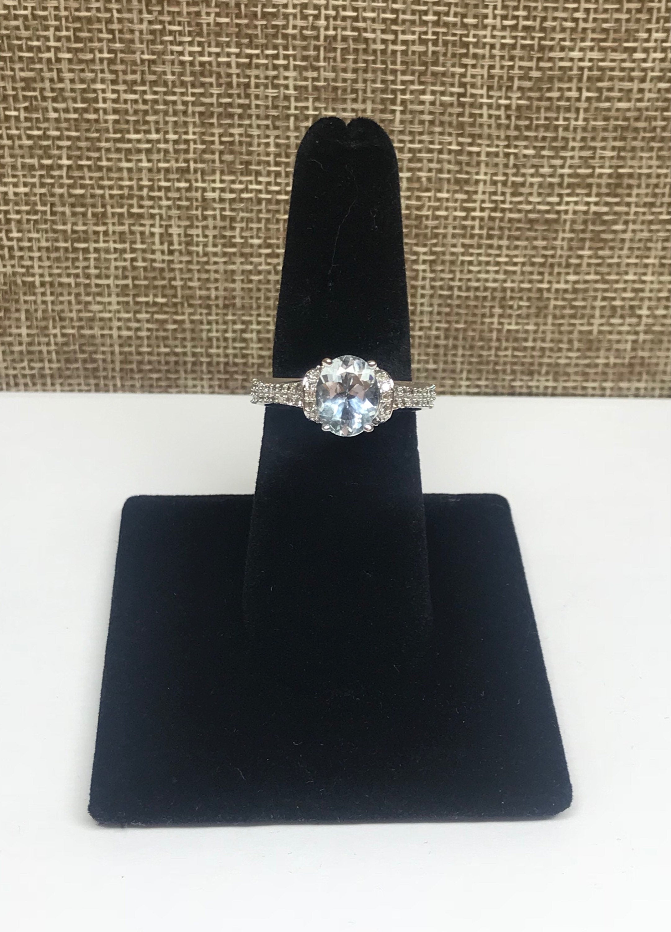 14K White Gold Aquamarine Ring with Diamond Accents, Size 7