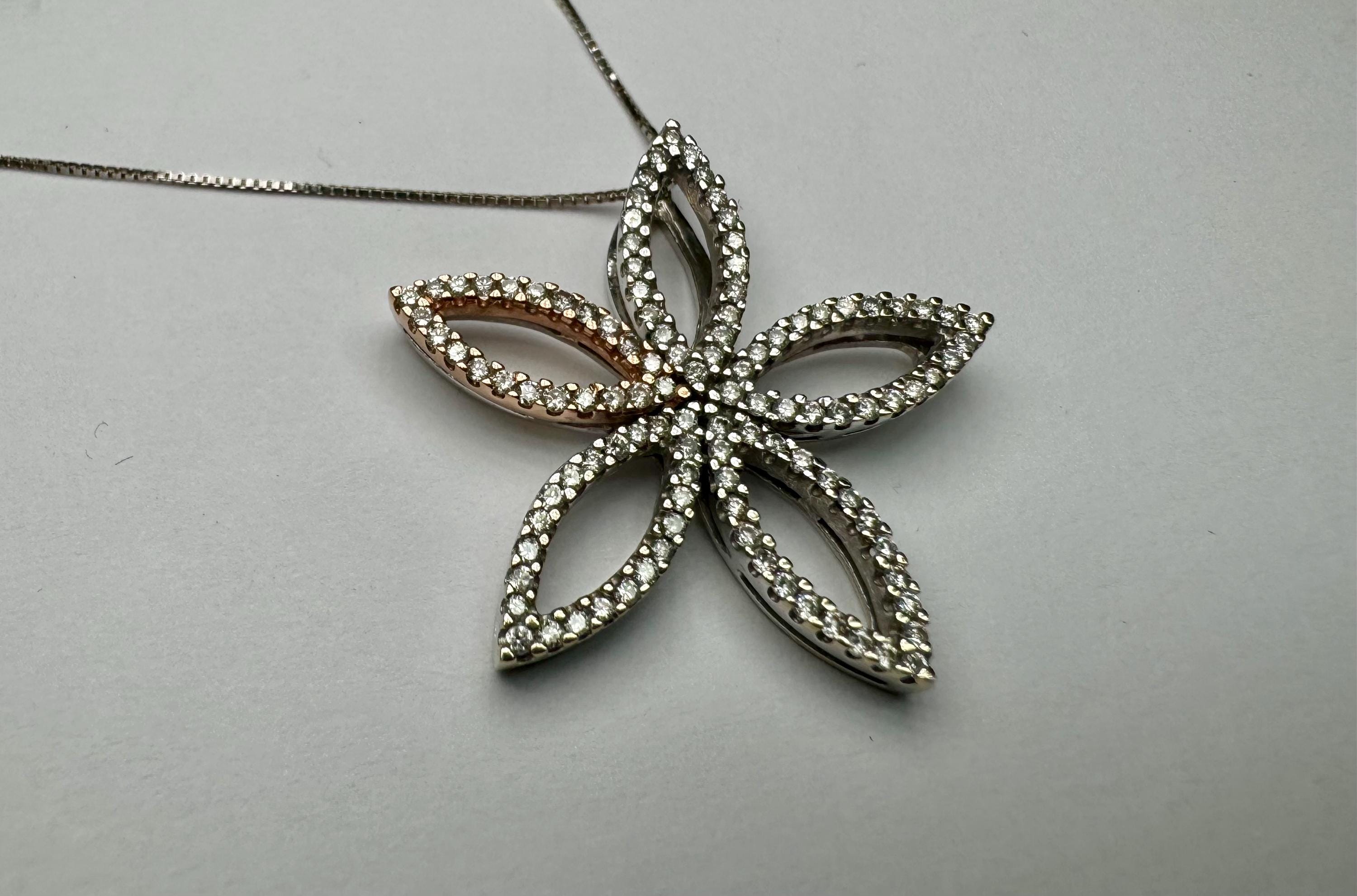 14K White Gold Diamond Flower Pendant Necklace, 18" Chain
