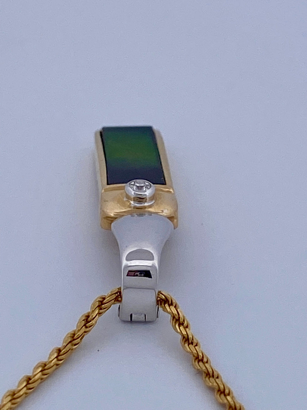 18K Gold Ammolite & Diamond Pendant Necklace - Two Tone, 30" Rope Chain