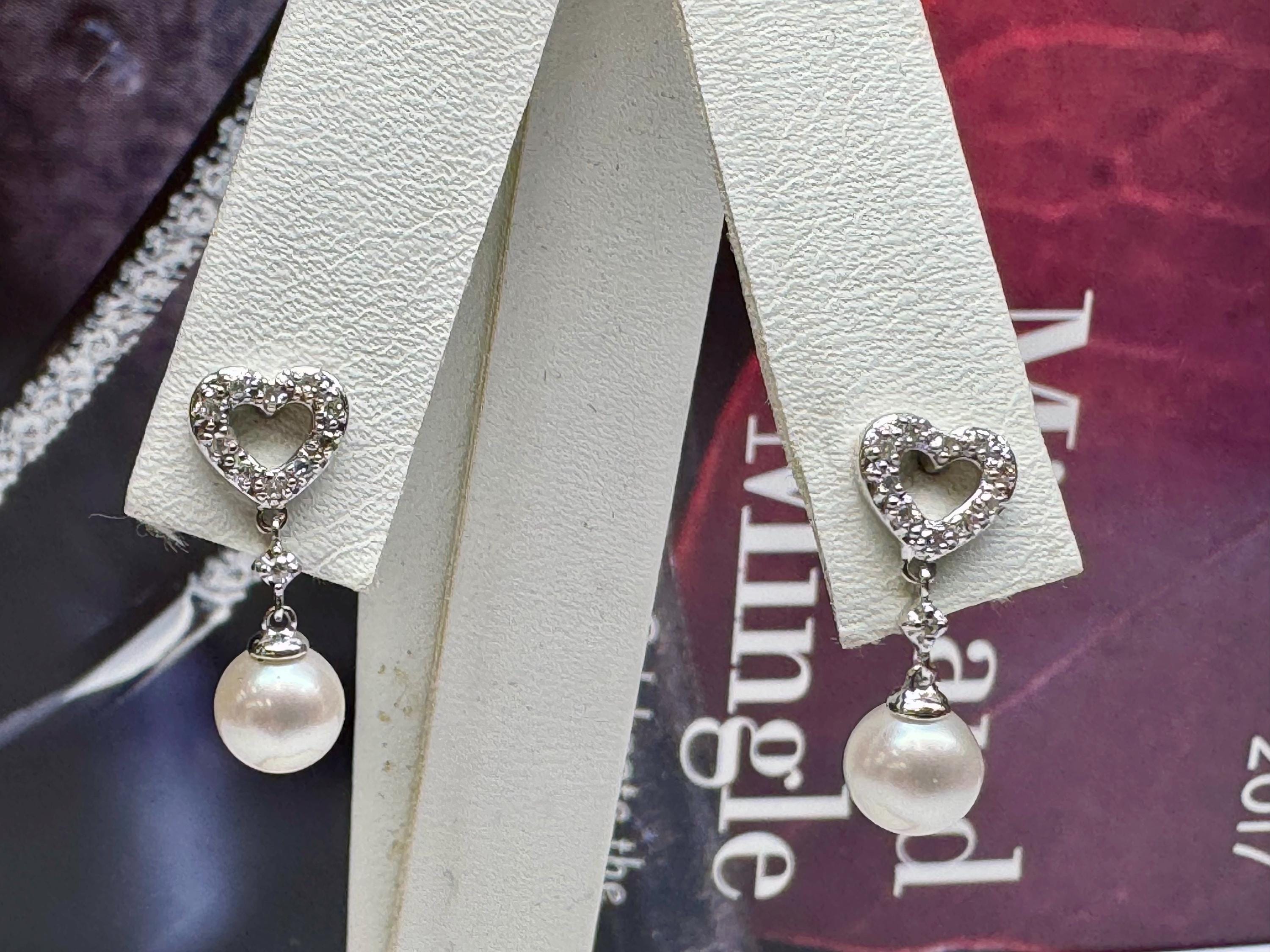 14K White Gold Heart Diamond & Pearl Drop Earrings