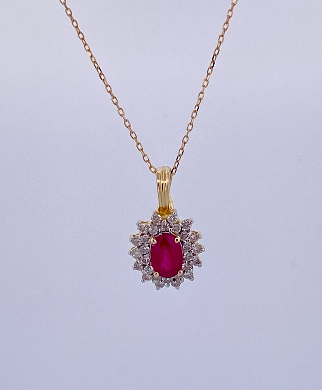 14K Yellow Gold Ruby and Diamond Halo Pendant