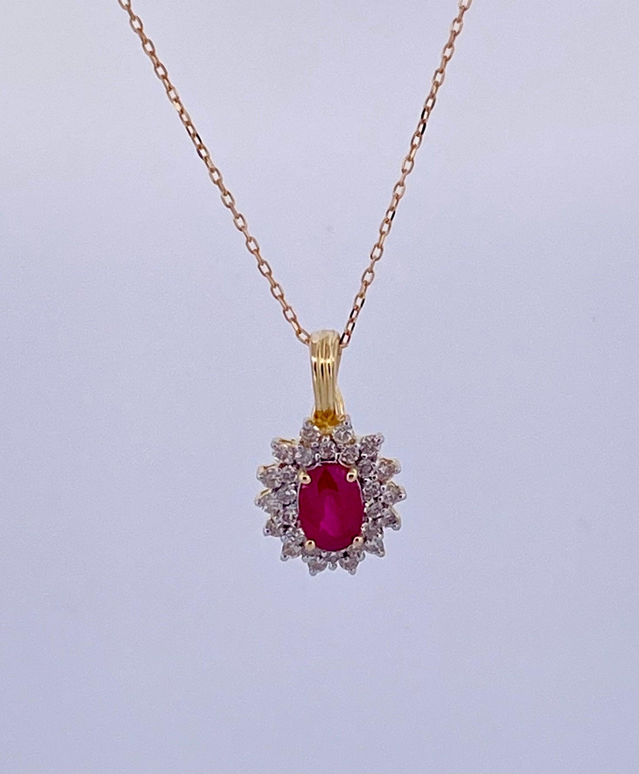 14K Yellow Gold Ruby and Diamond Halo Pendant
