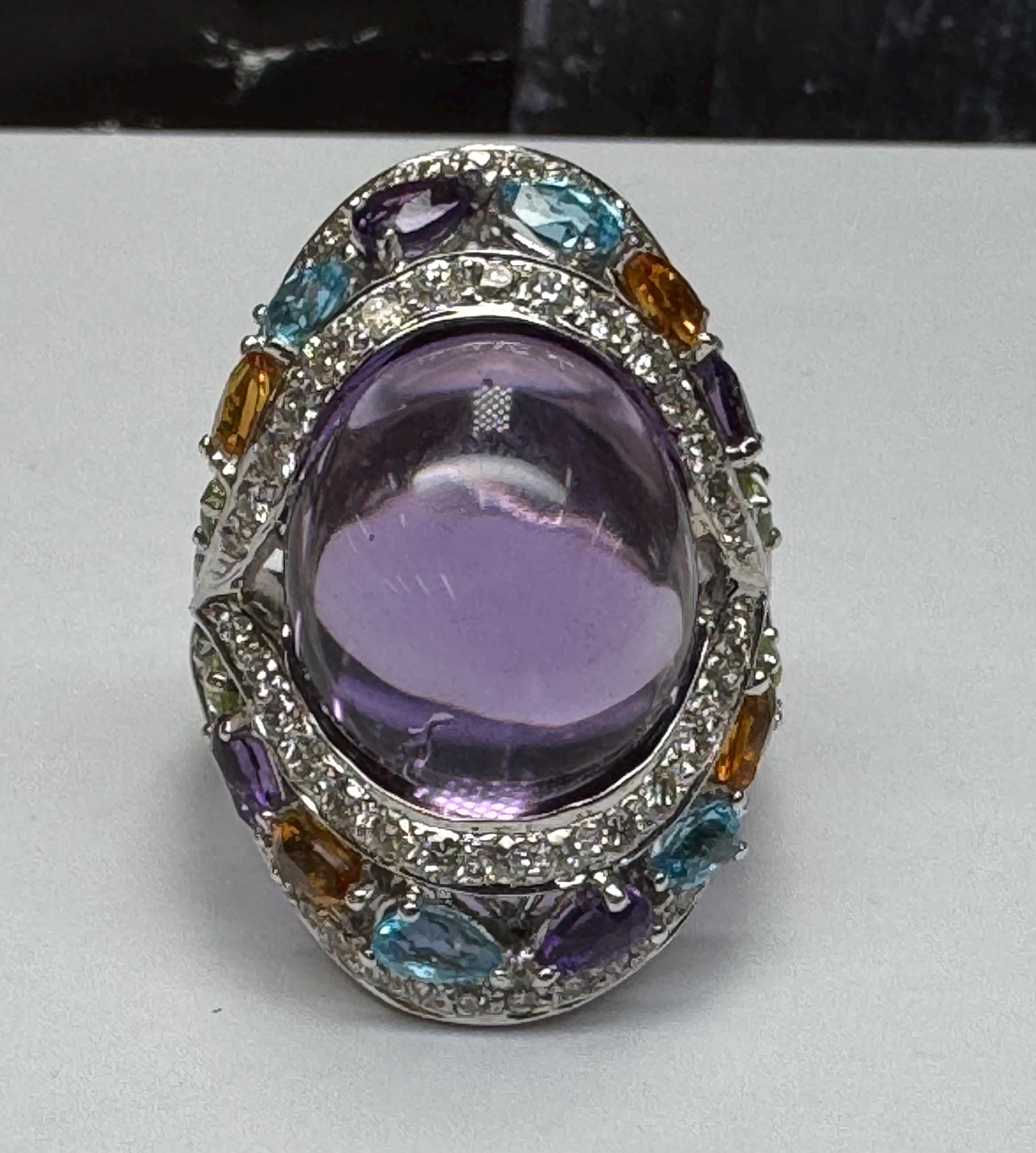18K White Gold Multi-Gem Amethyst Diamond Cocktail Ring