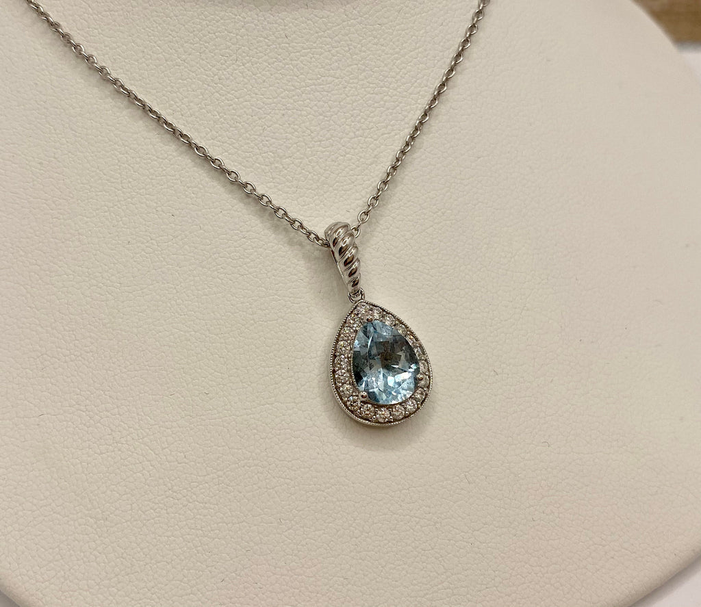 14K White Gold Necklace: Diamond & Pear Blue Topaz Pendant
