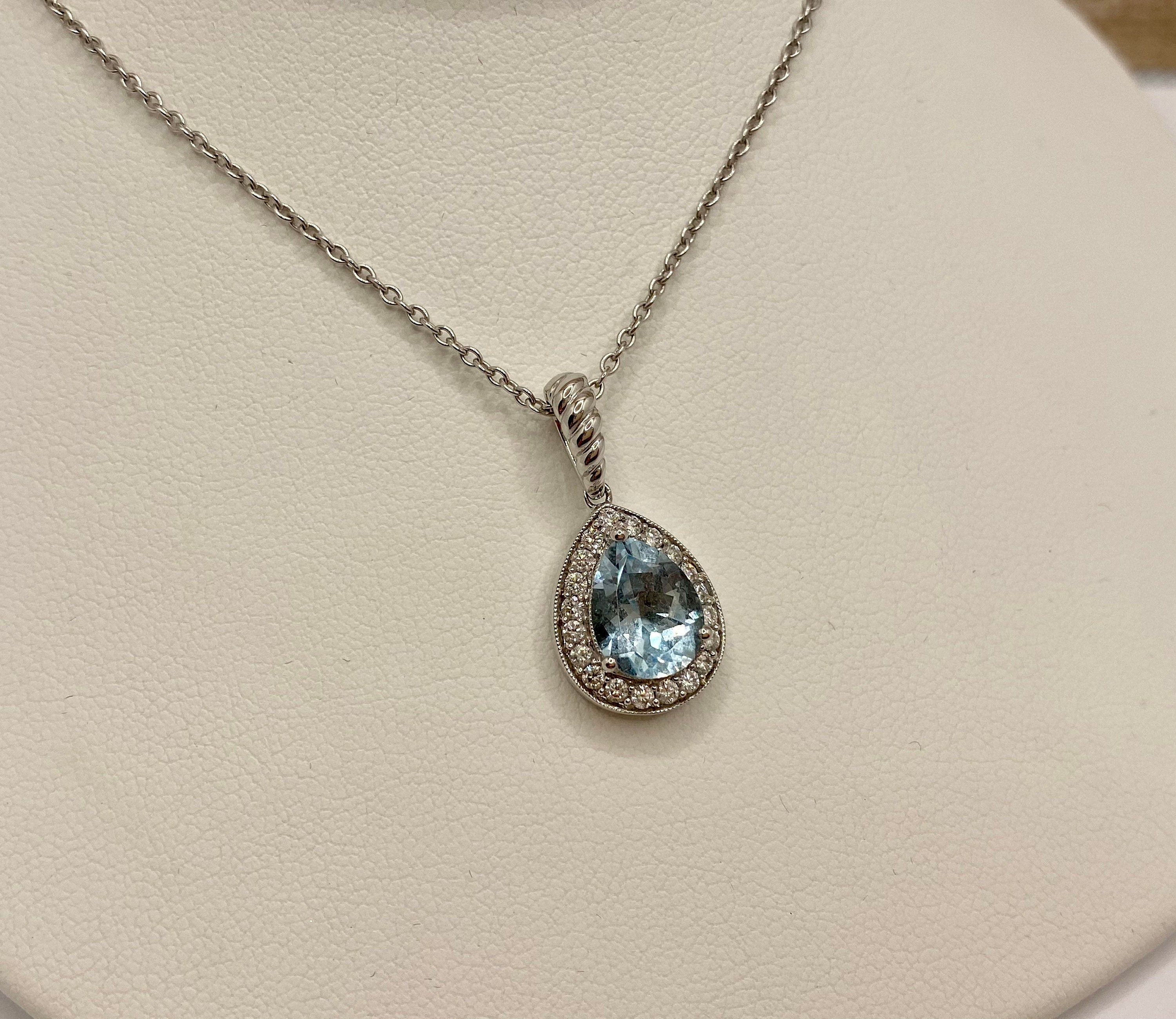 14K White Gold Necklace: Diamond & Pear Blue Topaz Pendant
