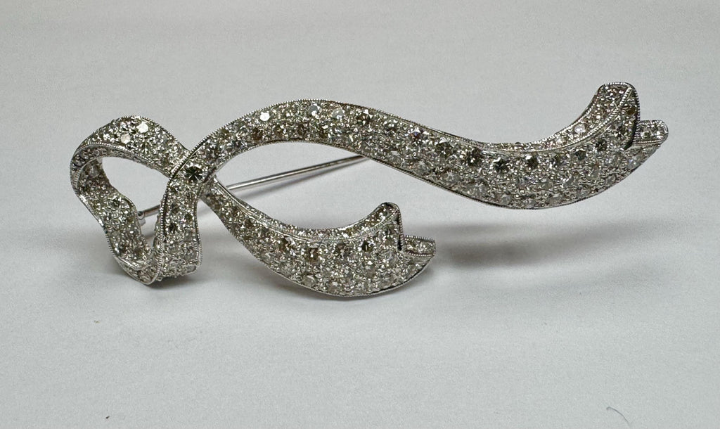 18K White Gold Diamond Brooch: Heart-Ribbon Design ALOPA Luxury Pin