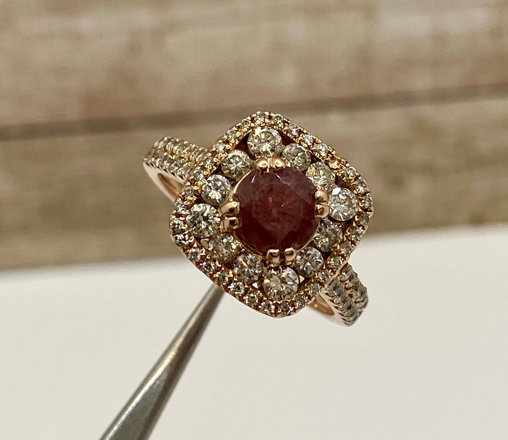 14K Rose Gold Diamond Ring: Smoky Quartz Halo, Size 6.5