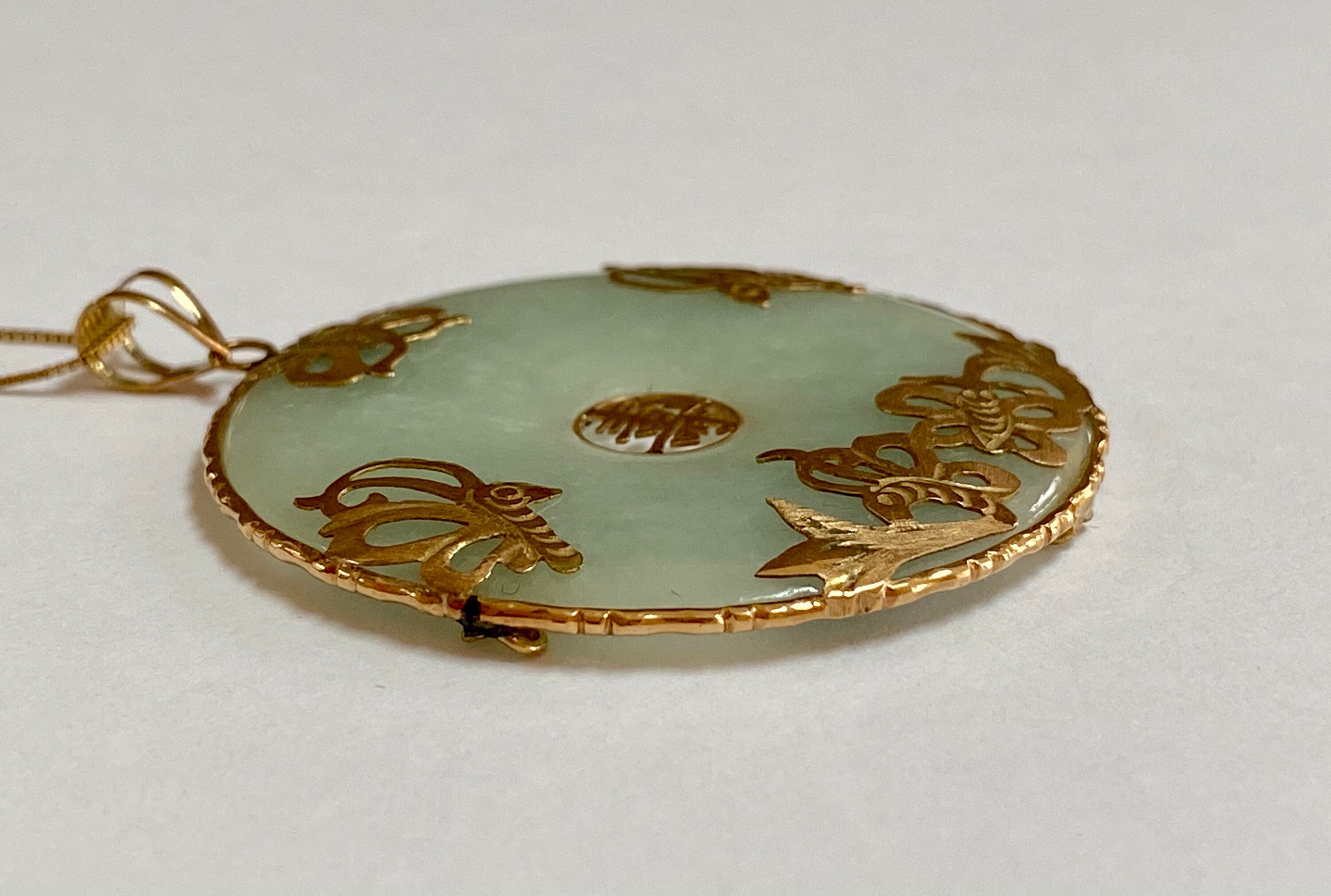 14K Yellow Solid Gold Butterfly Good Luck Green Jadeite Pendant!!!