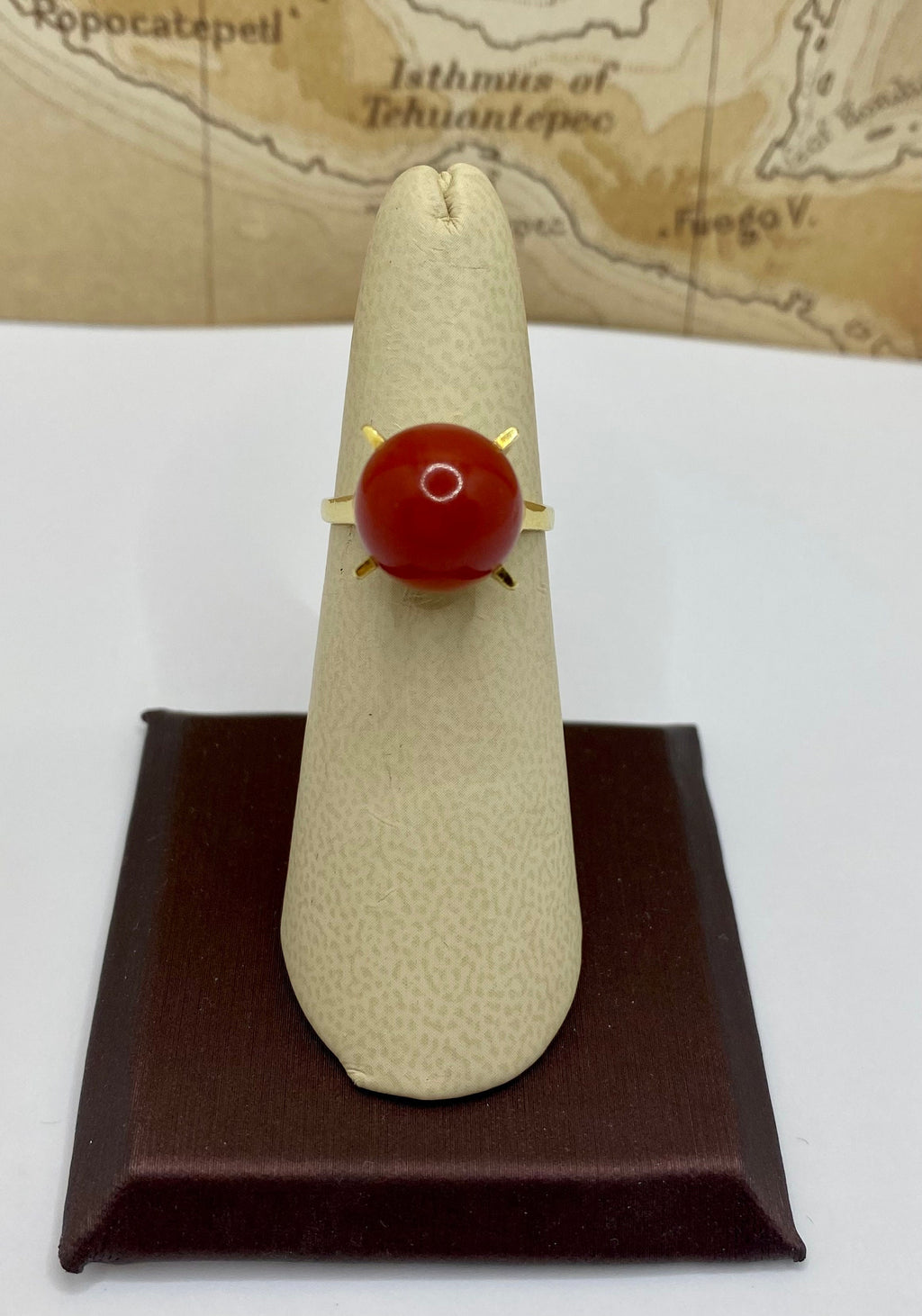 18K Gold Oxblood Coral Ball Ring - Size 5 3/4