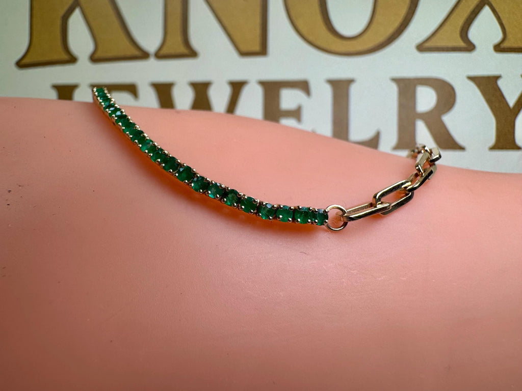 14K Yellow Gold Half Emerald And Half Paperclip Chain 7' Long  Tennis Bracelet!!