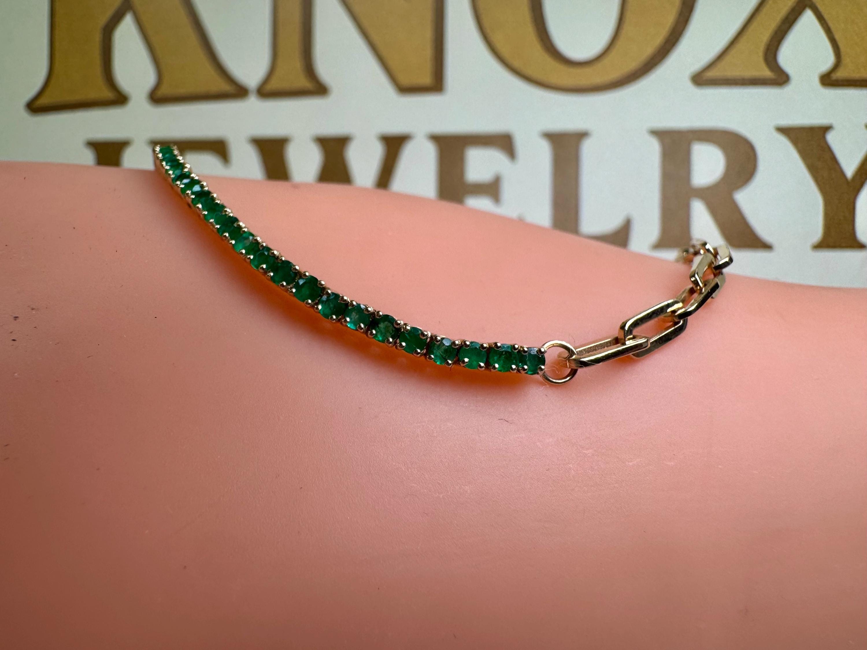 14K Yellow Gold Half Emerald And Half Paperclip Chain 7' Long  Tennis Bracelet!!