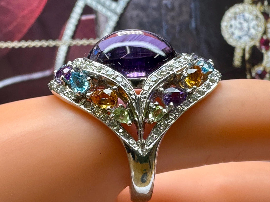 18K White Gold Multi-Gem Amethyst Diamond Cocktail Ring
