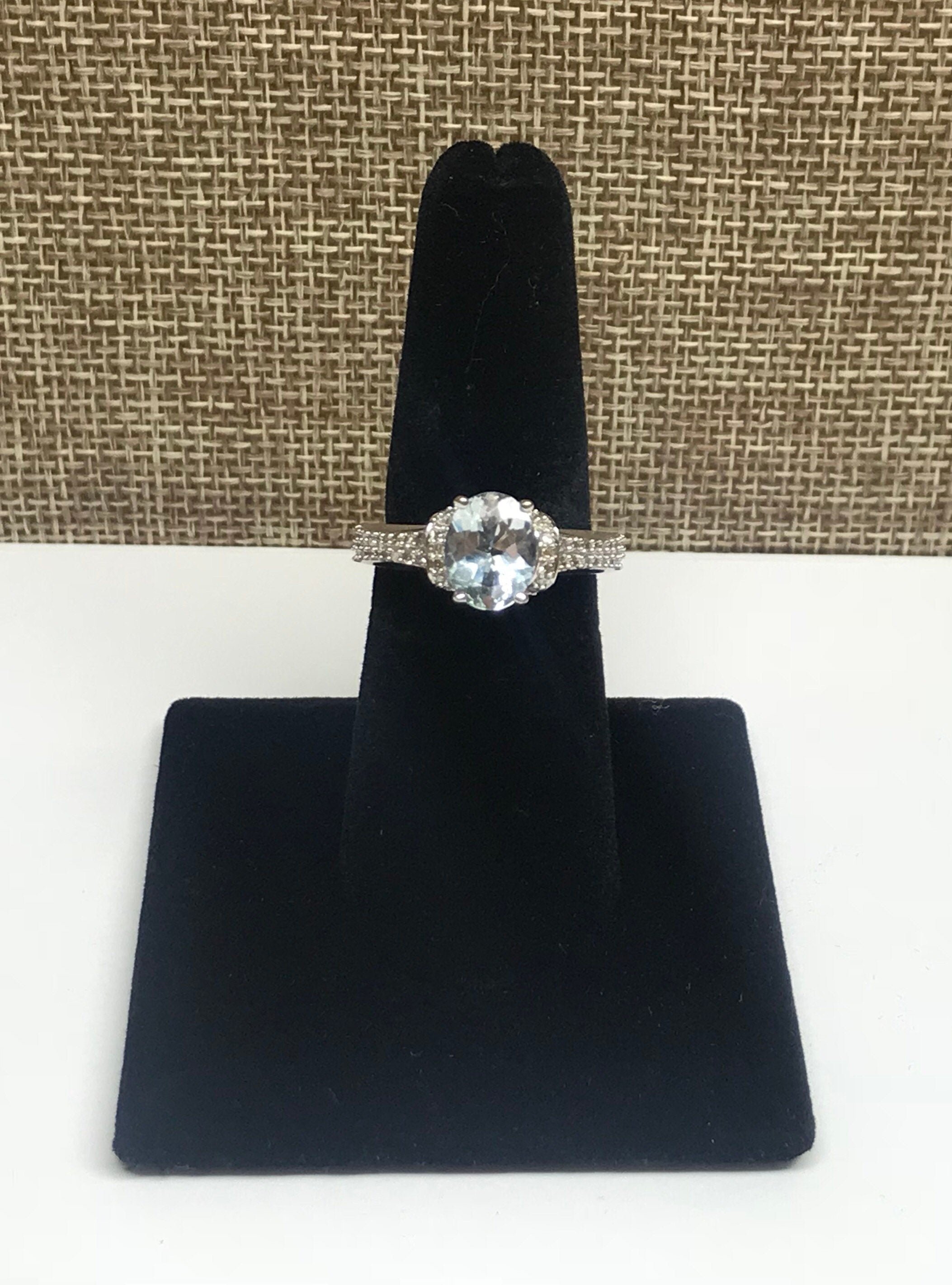 14K White Gold Aquamarine Ring with Diamond Accents, Size 7