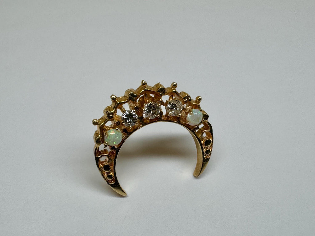 14K Gold Diamond Opal Crescent Moon Brooch – Victorian Celestial Pin
